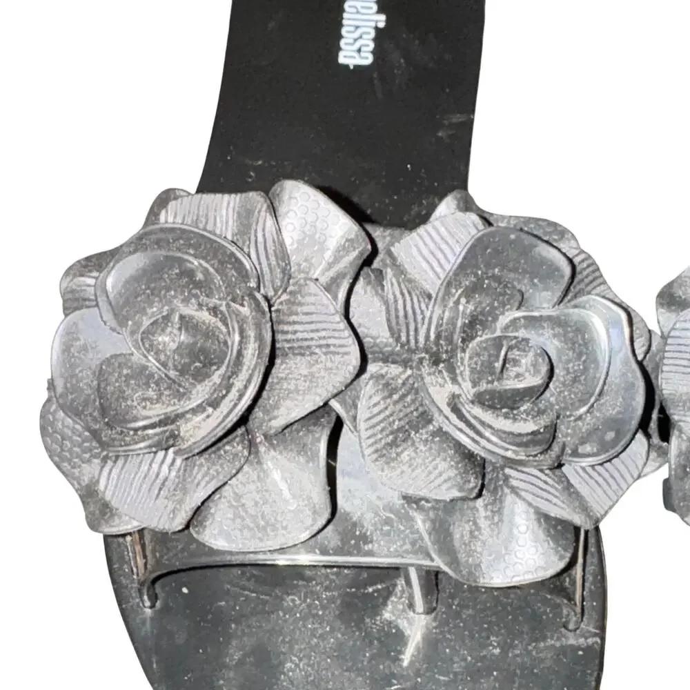 Melissa Babe Garden Slides Women's Size 6 Black Floral Slip On Shoe Sandals